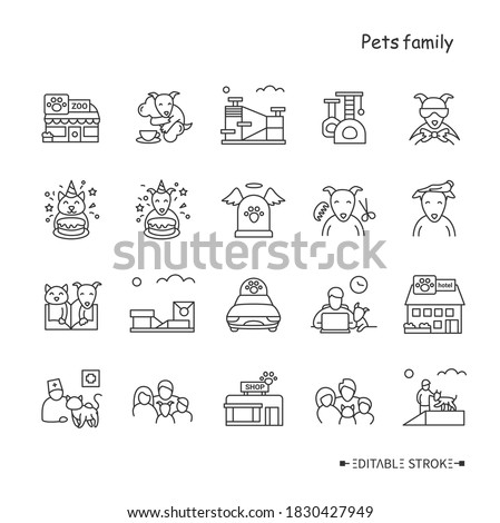 Domestic pets care line icons set. Pets care services, goods, training, fashion and more. Home pets life and pet owners community concept. Isolated vector illustrations. Editable stroke 