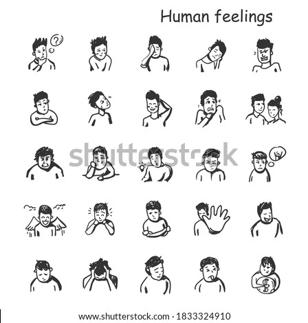 Human feelings line icons set. Outline sketches drawing. Human emotions and feelings concepts. Happiness, shame, anger, envy, worry, sorrow and more. Isolated vector illustrations