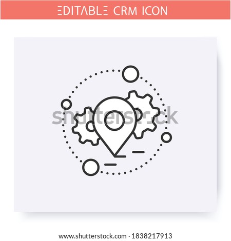 Geolocation technology line icon.Location based geographic marketing campaigns crm service.Automating workflow processes.Customer relationship management. Isolated vector illustration.Editable stroke 