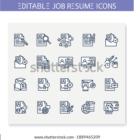 Job resume line icons set. CV letter, hr document.Skills, strengths, languages and more. Career biography. Job search, employment, career growth concept. Isolated vector illustrations.Editable stroke 