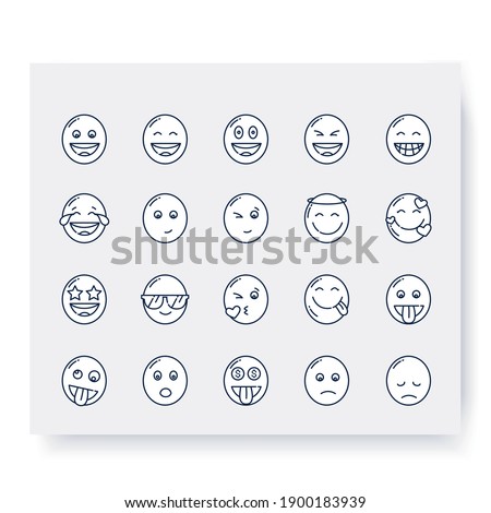 Cute emoji collection line icons set. Grinning, beaming, starry eyed face and more. Outline drawn cartoons. Facial expression emoticons. Isolated vector illustrations. Editable stroke 