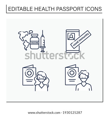 Health passport line icons set.Necessary document.Girl and boy in mask.World vaccination.Covid immunity. Information about health status.Vaccination card.Covid19 concept. Isolated vector illustrations