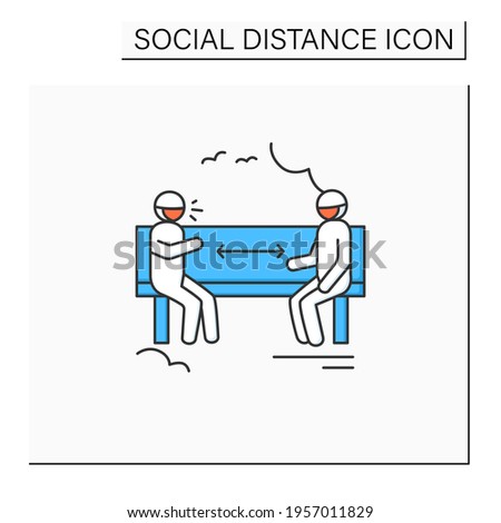 Park distancing color icon. Two men keeping distance sitting on bench. Safe social communication. Covid pandemic friends meeting and recreation concept. Isolated vector illustration