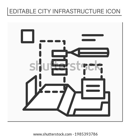 Planning city icon. Technical process of development and design of land use. House plan. Home blueprint. Outline drawing. City infrastructure concept. Isolated vector illustrations. Editable stroke