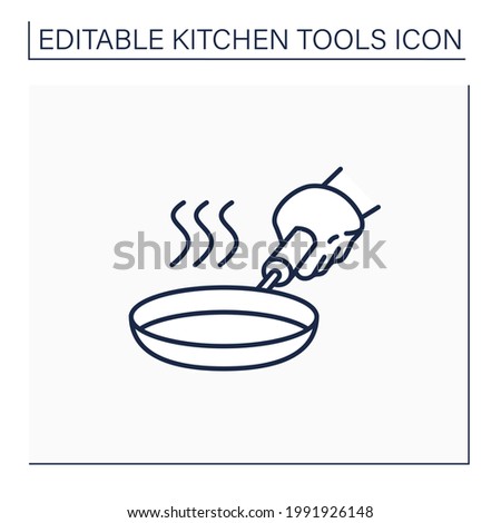 Stainless steel skillet line icon. Fry pan. Flat-bottomed pan. Used for frying, searing, and browning foods.Kitchen tools concept. Isolated vector illustration. Editable stroke