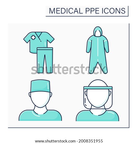 Medical PPE color icons set. Medical hood, coveralls, surgical cap, scrub suit. Barrier between person and germs. Health protections concept. Isolated vector illustrations