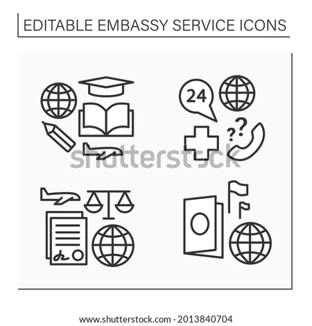Embassy service line icons set. Student visa, notary services, passport, medical support. Diplomatic mission concept. Isolated vector illustration. Editable stroke Imagine de stoc © 