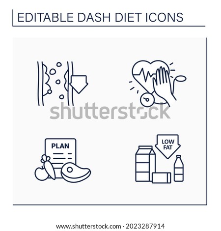 Dash diet line icons set. Stop hypertension, low-fat, eating plan, reducing cholesterol. Healthy food concepts. Isolated vector illustrations.Editable stroke