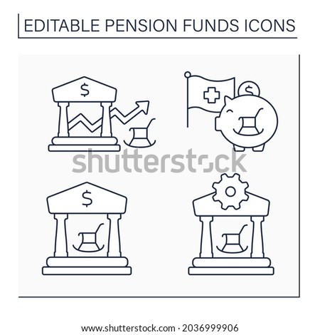 Pension funds line icons set. Client support service, balance, credit suisse, public pension. Economy concept. Isolated vector illustrations. Editable stroke