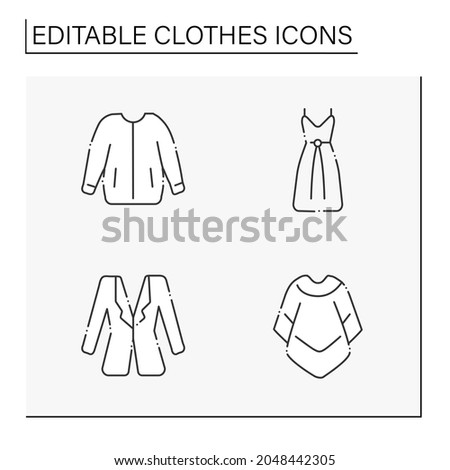 Clothes line icons set. Trendy outfits. Bomber jacket, drawstring dress, mucho poncho and blazer. Fashionable clothing. Shopping concept. Isolated vector illustration. Editable stroke