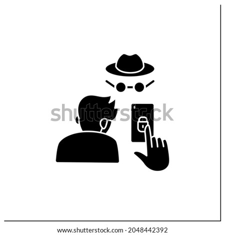 Smartphone addiction glyph icon. Concealing smartphone use. Incognito mode. Anonymous. Private setting. Overwhelmed concept.Filled flat sign. Isolated silhouette vector illustration
