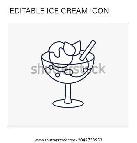 Ice cream line icon. Delicious dessert. Tasty frozen double ice balls with mint decoration. Glass bowl. Summer sweets. Isolated vector illustration.Editable stroke