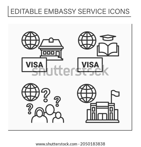 Embassy service line icons set. Student visa, residence, consulate, child and family matters. Diplomation mission concept. Isolated vector illustrations. Editable stroke Imagine de stoc © 