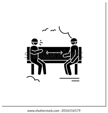 Park distancing glyph icon.Two men keeping distance sitting on bench.Safe social communication.Covid pandemic friends meeting concept.Filled flat sign.Isolated silhouette vector illustration
