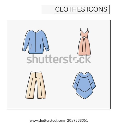 Clothes color icons set. Trendy outfits. Bomber jacket, drawstring dress, mucho poncho and blazer. Fashionable clothing. Shopping concept. Isolated vector illustration