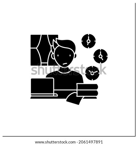 Remote work glyph icon. Time zone differences. Sync problems. Confusion at different times. Career difficulties concept.Filled flat sign. Isolated silhouette vector illustration