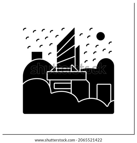 City in smog glyph icon. Haze. Industrial emissions, air pollution. Greenhouse effect. Environment pollution and ecology damage concept.Filled flat sign. Isolated silhouette vector illustration