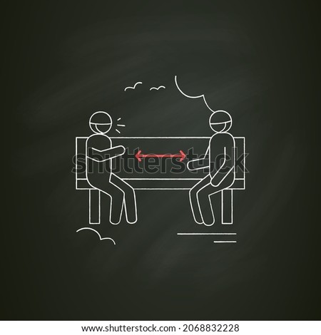 Park distancing chalk icon. Two men keeping distance sitting on bench. Safe social communication. Covid pandemic friends meeting and recreation concept. Isolated vector illustration on chalkboard