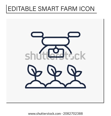 Drones photography line icon. Plant growth monitoring. Modern technology. Digital farming. Smart farm concept. Isolated vector illustration. Editable stroke