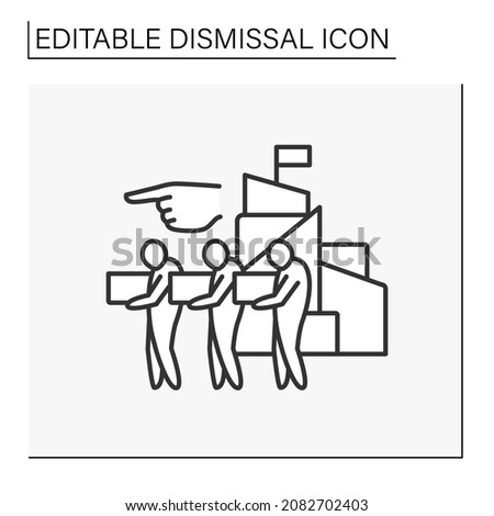 Job loss line icon. Group dismissal from office. Job cuts. Unhappy workers with boxes go home. Dismissal concept. Isolated vector illustration. Editable stroke