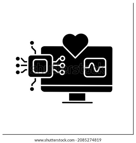 AI in medicine glyph icon. Modern technologies. Autonomous heartbeat diagnosis. Computer screen. AI diagnostic concept. Filled flat sign. Isolated silhouette vector illustration