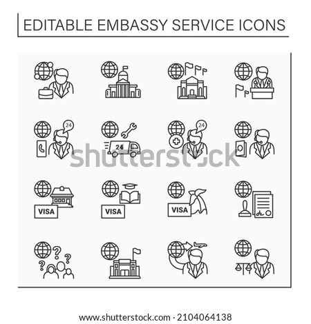 Embassy service line icons set. Consultation, advice about migration to abroad. Government in another state.Citizen rights. Diplomation mission concept. Isolated vector illustrations. Editable stroke