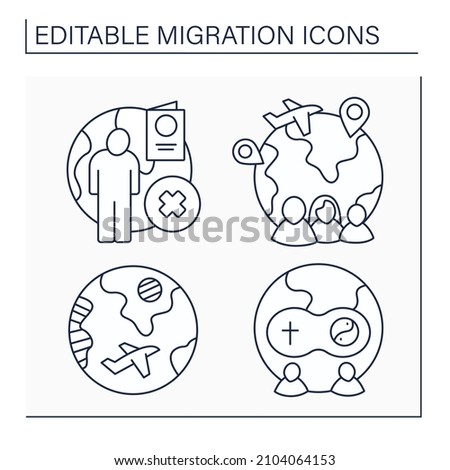 Migration line icons set. Stateless person, assimilation, diaspora, family migration. Relocation concept. Isolated vector illustrations. Editable stroke