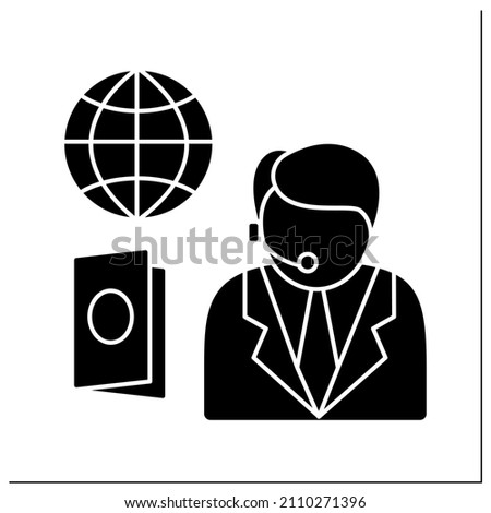 Passport service glyph icon.Consumer support day-and-night.Consultation about visas, visa-free access to additional countries.Embassy service.Filled flat sign.Isolated silhouette vector illustration