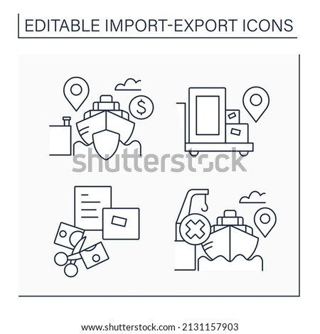 Import and export line icons set.Declare, free alongside ship, cost, insurance and freight, cargo.International trade concept. Isolated vector illustrations. Editable stroke