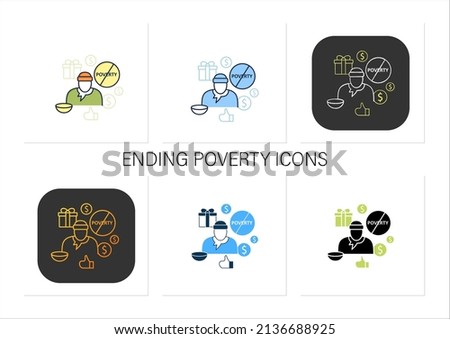 Ending poverty icons set. Rise in living standards. Improving living conditions. Universal basic income concept.Collection of icons in linear, filled, color styles.Isolated vector illustrations