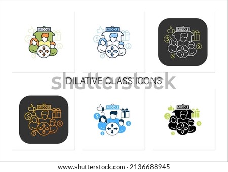 Dilative class icons set. Expanding middle class. Increase employee number. Universal basic income.Collection of icons in linear, filled, color styles.Isolated vector illustrations