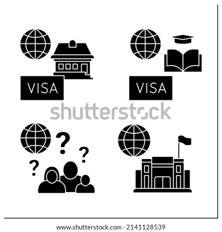 Embassy service glyph icons set. Student visa, residence, consulate, child and family matters. Diplomation mission concept.Filled flat signs. Isolated silhouette vector illustrations