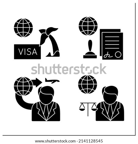 Embassy service glyph icons set. Travel visa, legal assistance, notary services,repatriation nationals. Diplomation mission concept. Filled flat signs. Isolated silhouette vector illustrations Imagine de stoc © 