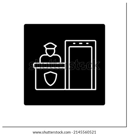Security post glyph icon.Screening and check-in passengers.Protecting passengers, staff, aircraft, and airport property.Airport terminal.Filled flat sign. Isolated silhouette vector illustration