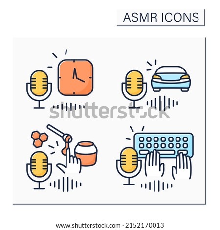 ASMR color icons set. Typing on keyboards, honey eating, car driving and clock sounds.Modern trends. Internet trend concept. Isolated vector illustration