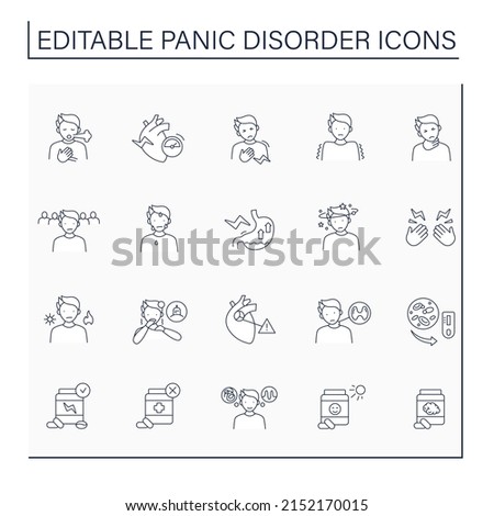 Panic disorder line icons set. Recurrent unexpected panic attacks. Mental health care. Anxiety disorder concept. Isolated vector illustration. Editable stroke