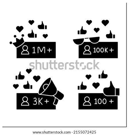 Influencer glyph icons set. Micro, macro, nano bloggers. Blogging concept. Filled flat signs. Isolated silhouette vector illustrations