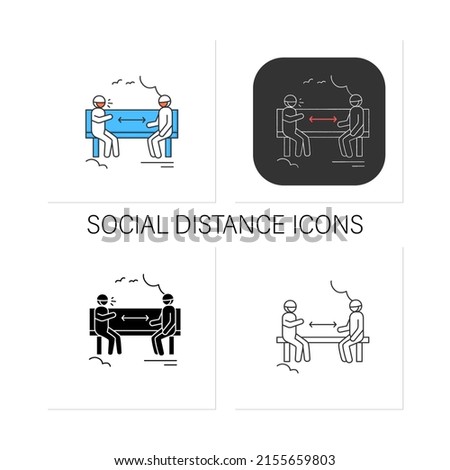 Park distancing icons set. Two men keeping distance sitting on bench. Safe social communication. Covid pandemic friends meeting and recreation concept. Isolated vector illustration on chalkboard