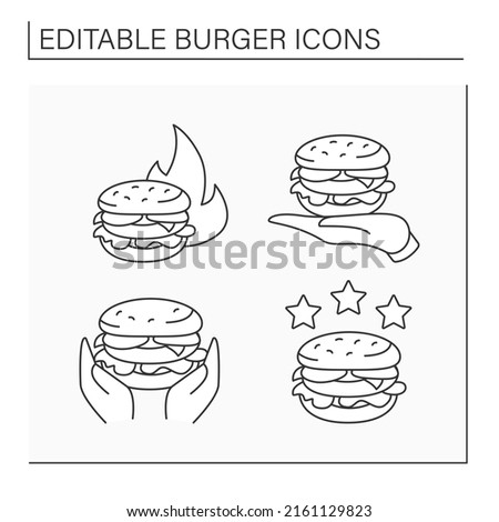 Burger line icons set. Hot proposal, burger on palm, popular choice. Rte with three stars. Fast food concept. Isolated vector illustrations. Editable stroke