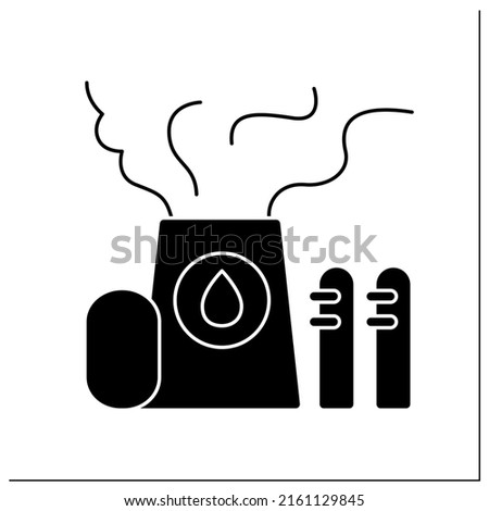 Refinery emissions glyph icon.Oil refining toxic fumes. Smog, biohazard emissions. Greenhouse effect. Environment pollution and ecology damage.Filled flat sign. Isolated silhouette vector illustration