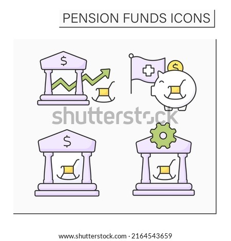 Pension funds color icons set. Client support service, balance, credit suisse, public pension. Economy concept. Isolated vector illustrations