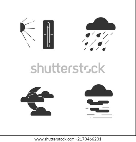 Weather glyph icons set. Heavy rain, hot temperature, clouds covered moon, fog. Meteorology concept.Filled flat signs. Isolated silhouette vector illustrations