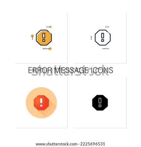 Octagon hazard sign icons set. Caution. Exclamation, alert. Alarm sign. Error message. Warnings concept.Collection of icons in linear, filled, color styles.Isolated vector illustrations