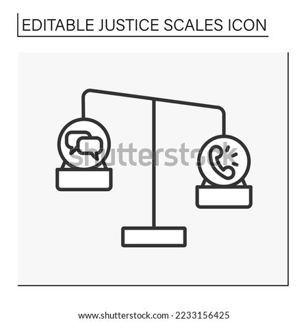  Balance line icon. Antique balance scales with message and call. Choice between real-life communication and messaging. Justice scales concept. Isolated vector illustration. Editable stroke