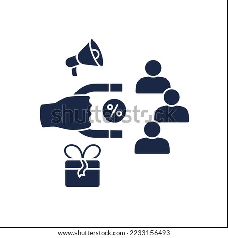 Discount magnet glyph icon. Attracting new customers into the store network. Discounts for clients. Promotions. Customer behavior concept.Filled flat sign. Isolated silhouette vector illustration
