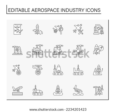 Aerospace industry line icons set. Education and museums in aviation university. Aircraft concepts. Isolated vector illustrations. Editable stroke