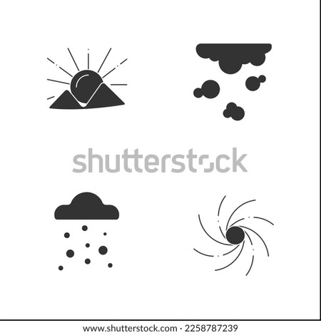 Weather glyph icons set. Clear night, starry night with moon, hurricane, sleet. Meteorology concept. Filled flat signs. Isolated silhouette vector illustrations