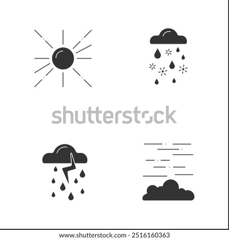 Weather glyph icons set. Sunny day, thunderstorm, windy weather, fog. Meteorology concept. Filled flat signs. Isolated silhouette vector illustrations