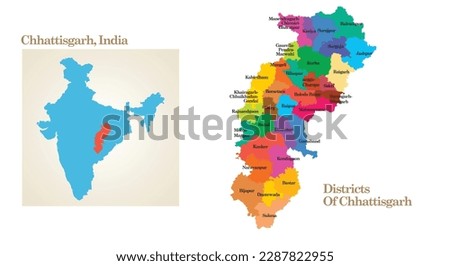 administrative and political map of the State Chhattisgarh in India.