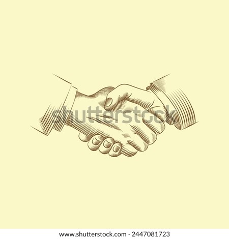 People shaking hands. Vector Illustration of handshake of two businessmen in retro engraving style.